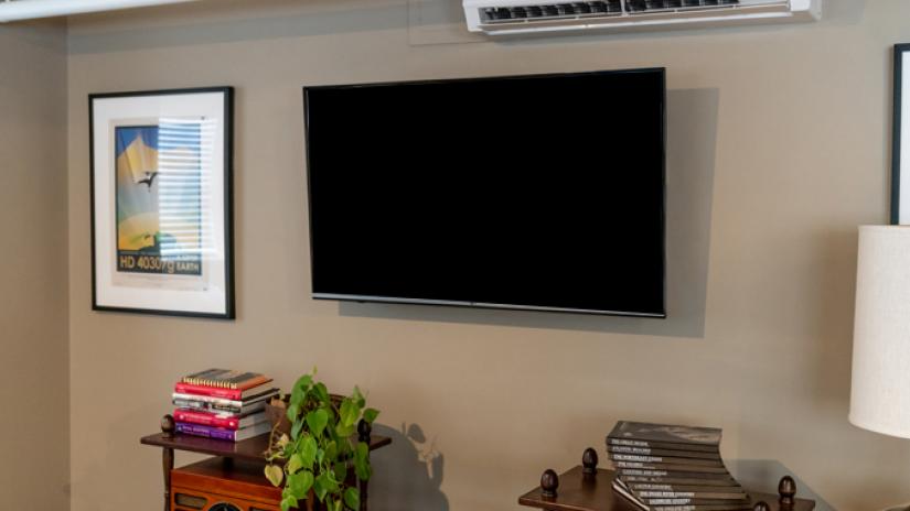 A wall-mounted television.
